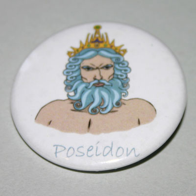 A round white badge with an original image of Poseidon and his name in blue