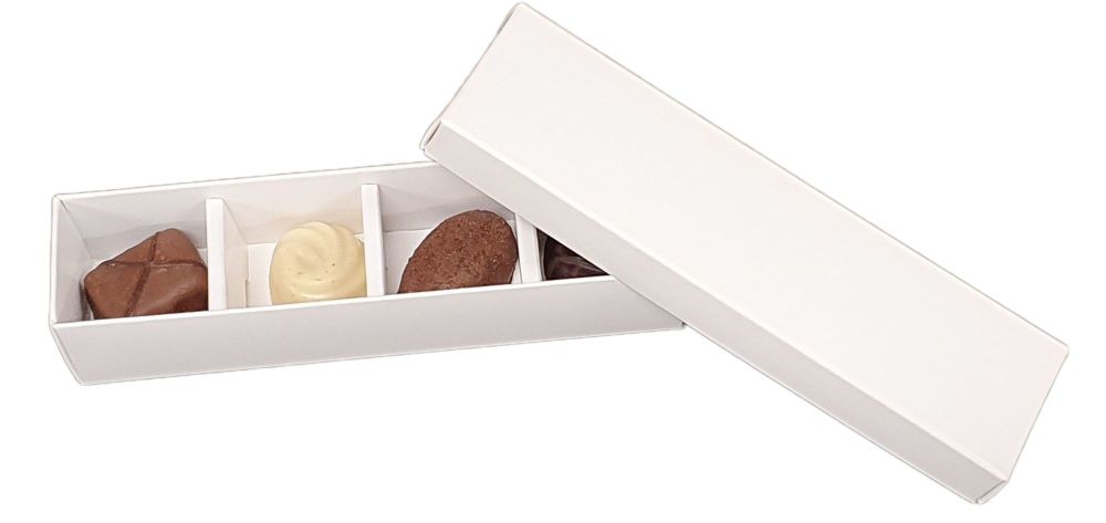 White 4pk Long Chocolate Box With Non Window Lid & Insert -160mm x 35mm x 30mm - Pack of 10