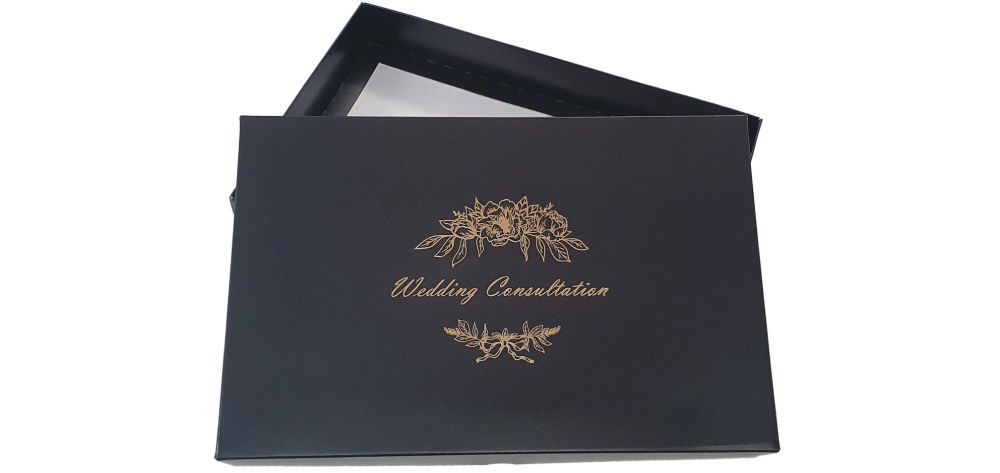 Black Wedding Consultation Box With Gold Foil Design - 240mm x 155mm x 30mm