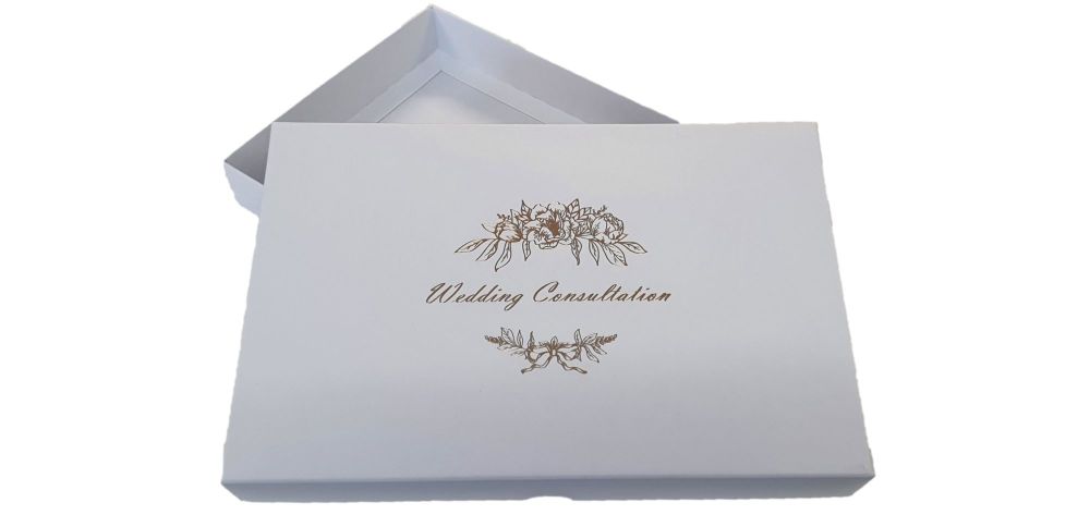 White Wedding Consultation Box With Gold Foil Design - 240mm x 155mm x 30mm