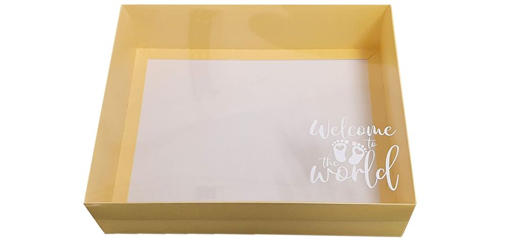 Yellow New Baby Hamper Box With White Base and Foiled Clear Lid-250 x 195 x