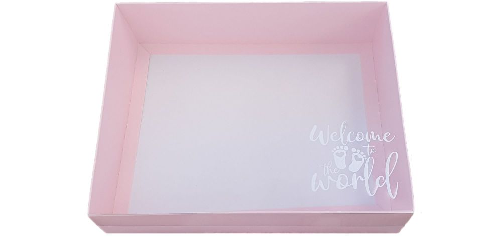 Pink New Baby Hamper Box With White Base and Foiled Clear Lid-250 x 195 x 7