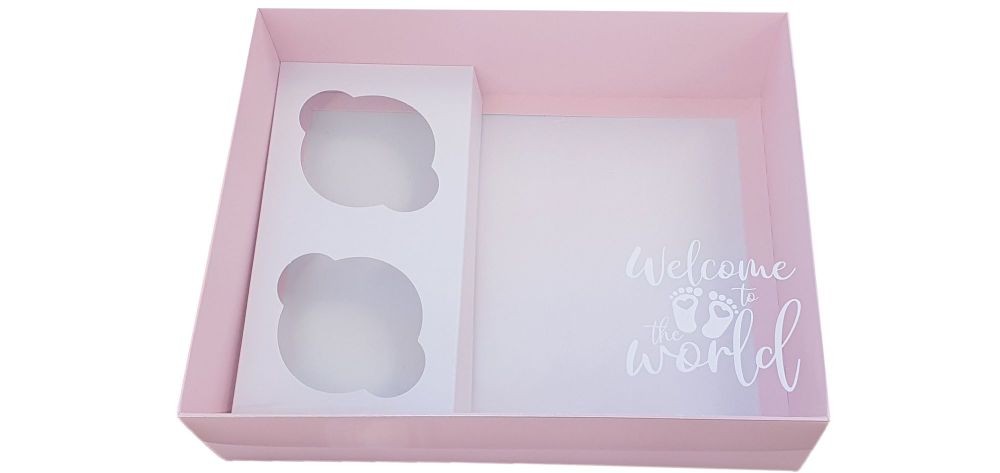 Pink Printed New Baby Hamper Box With Insert And Clear Lid-250 x 195 x 70mm
