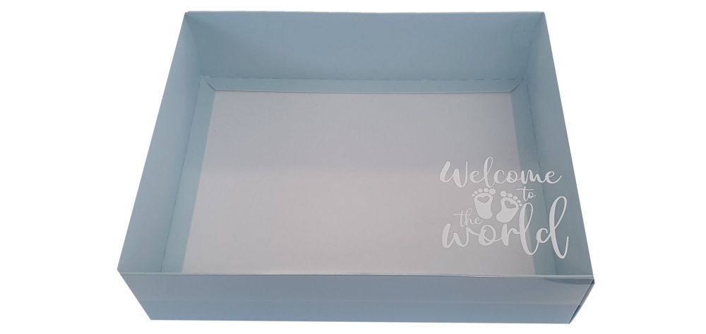 Blue New Baby Hamper Box With White Base and Foiled Clear Lid-250 x 195 x 7