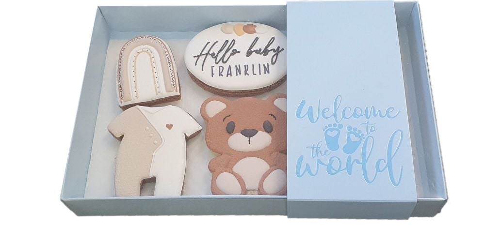 Blue New Baby Large Biscuit/Cookie Box With Clear Lid & Foiled Belly Band -