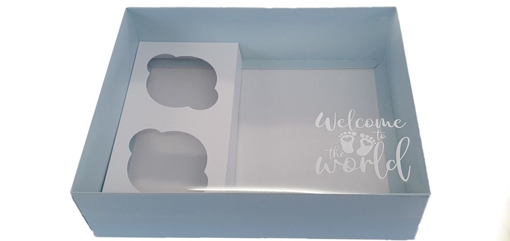 Blue Printed New Baby Hamper Box With Insert And Clear Lid-250 x 195 x 70mm