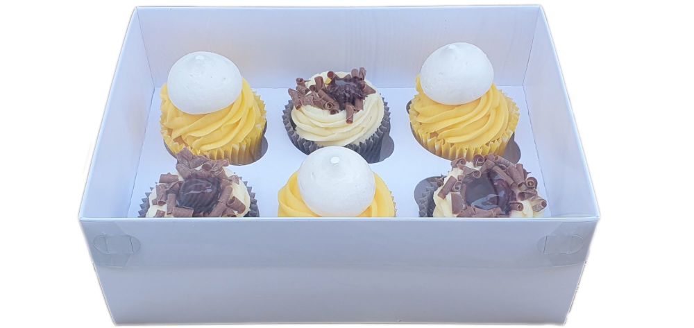 White Luxury 6pk Cupcake Box With Clear Lid & Insert - 240mm x 165mm x 90mm