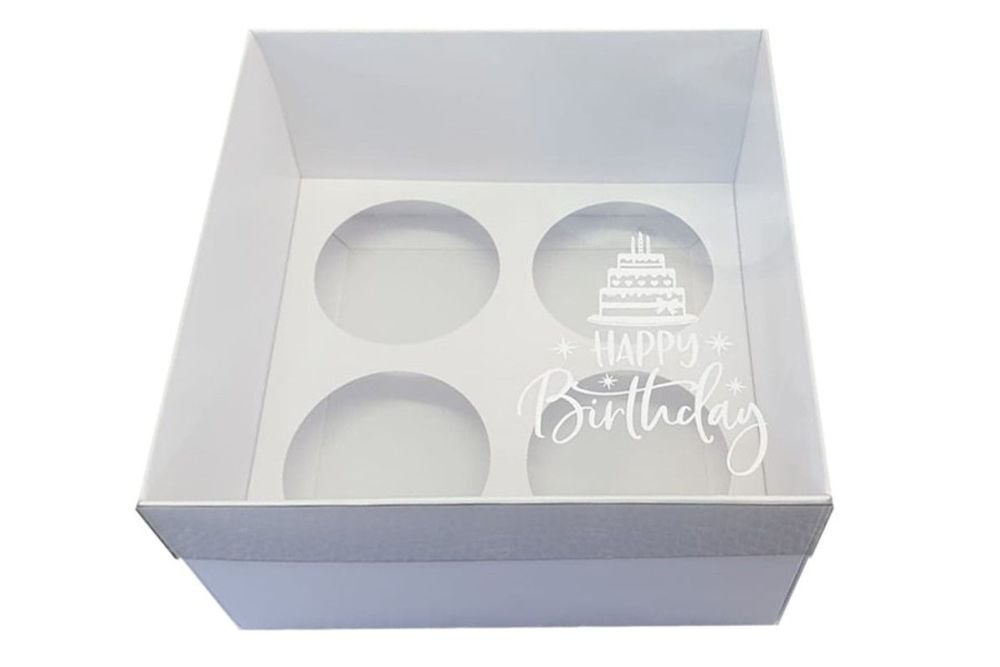 White Luxury Happy Birthday 4pk Cupcake Box With Clear Lid & Insert -  155mm x 155mm x 90mm - Pack of 10