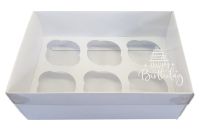 White Luxury Happy Birthday 6pk Cupcake Box With Clear Lid & Insert - 240mm x 165mm x 90mm- Pack of 10