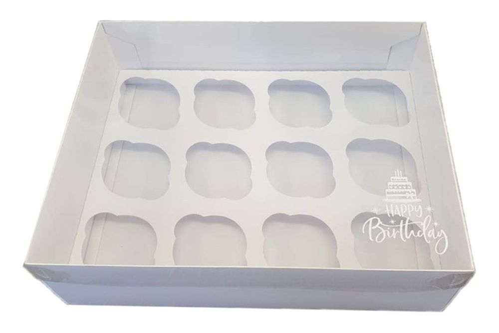 White Luxury Happy Birthday 12pk Cupcake Box With Clear Lid & Insert - 315m