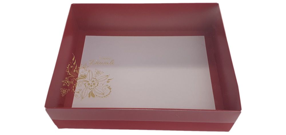 Diwali Red Hamper Box With Gold Foiled Clear Lid - 250mm x 195mm x 70 mm - Pack of 10