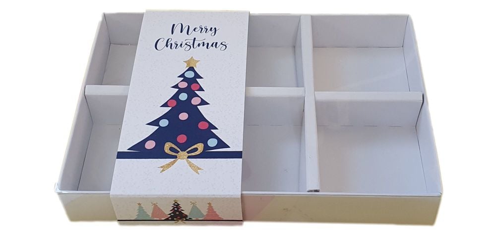 White Christmas Tree Print 6pk Small Sweet Box With Clear Lid, Insert And P