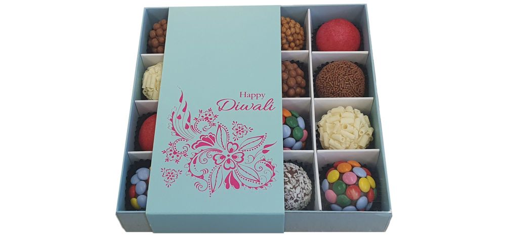 Diwali 16pk Chocolate Box With Clear Lid & Insert And Belly Band (Colour to be chosen) - 155mm x 155mm x 30mm - Pack of 10