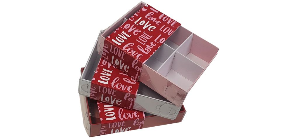 Valentine's Small 6pk Chocolate Box With Printed Belly Band, Insert And Clear Lid (Colour to be chosen & price will vary) 115 x 80 x 30mm- Pack of 10