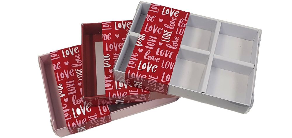 Valentine's 6pk Sweet Box With Printed Belly Band, Insert & Clear Lid (Base colour to be chosen & price will vary)- 165mm x 115mm x 26mm - Pack 10