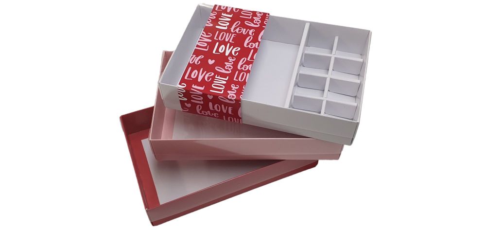 Valentine's Deep Compartment box with Printed Belly Band, 8 choc's inserts & Clear Lid: Colour base to be chosen, Price will vary. 240 x 155 x 50mm