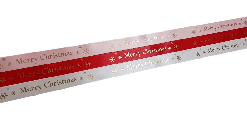 Merry Christmas Gold foiled Satin Ribbon (Colour to be chosen)  -  5 Metres x  25mm Wide