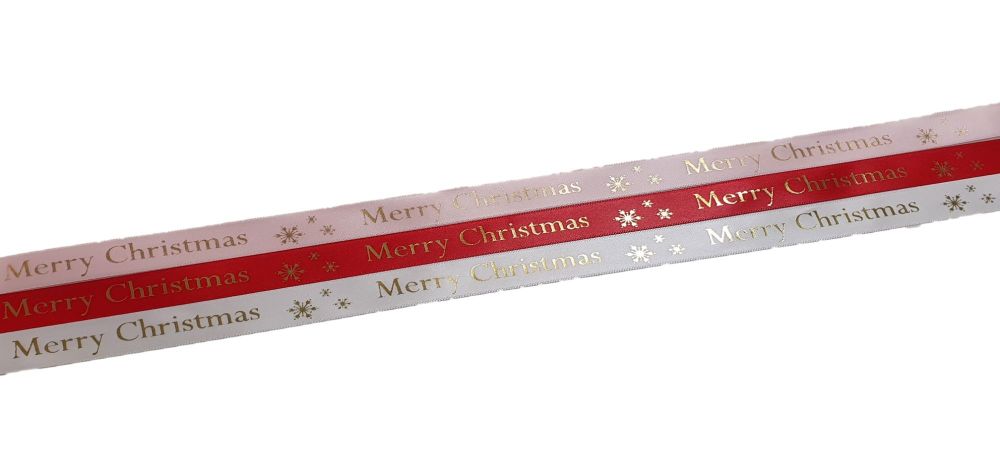 Merry Christmas, Gold Foiled Satin Ribbon (Colour to be chosen)  -  5 Metres  x 15mm Wide