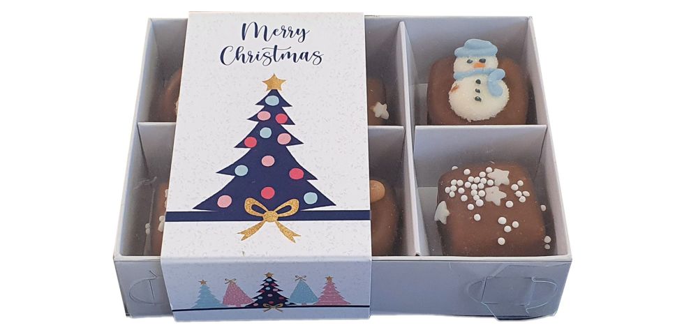 White 6pk Small Chocolate Box With Christmas Tree Printed Belly Band , Clear Lid & Insert -115mm x 80mm x 30mm- Pack of 10