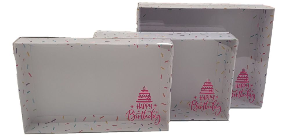 Sprinkle Print Range Boxes With Foiled Pink Happy Birthday Clear Lid- (Vari