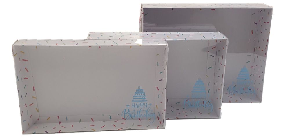 Sprinkle Print Range Boxes With Foiled Blue Happy Birthday Clear Lid- (Various Sizes To Be Chosen) - Pack of 10