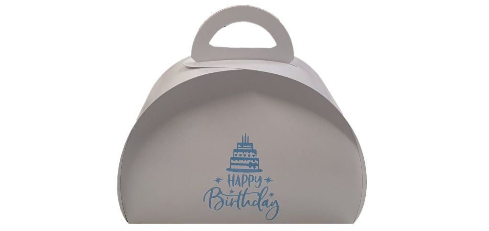 Happy Birthday White Patisserie Box, Foiled in Blue-180mm x 90mm x 100mm - Pack of 10