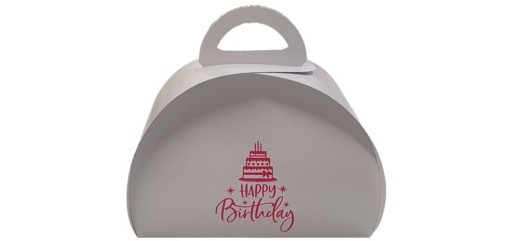 Happy Birthday White Patisserie Box, Foiled in Pink -180mm x 90mm x 100mm - Pack of 10