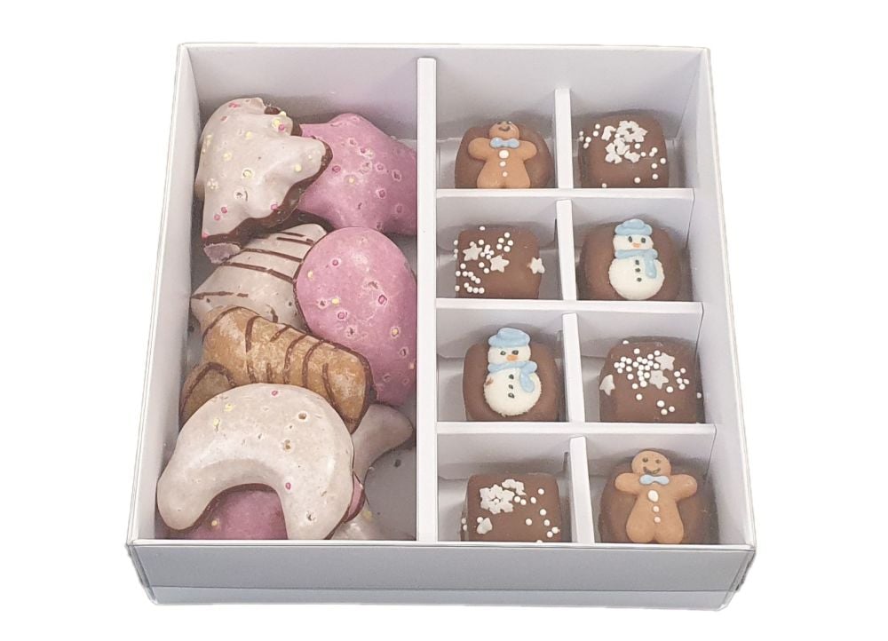 White SQUARE Compartment Box-  50mm Depth  With Clear Lid & Inserts for 8 chocolates  - 155mm x 155mm x 50mm - Pack of 10 