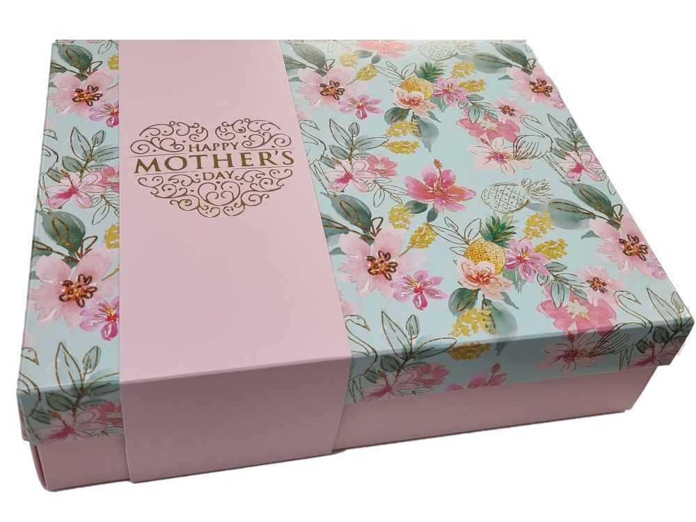 Mother's Day 70mm Deep,  Pink Hamper Box, Printed flamingo Lid and Gold foiled Pink Belly Band - 250mm x 195mm x 70mm - Pack of 10