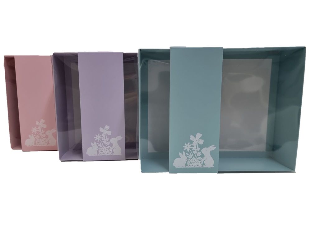 Easter Bunny Hamper Boxes With Clear Lid & Foiled Belly Band (Colour to be 