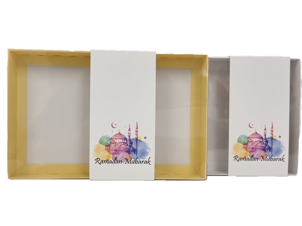 Ramadan Mubarak Box with Clear Lid and Printed Belly Band (Colour to be chosen) -240mm x 155mm x 30mm  Pack of 10