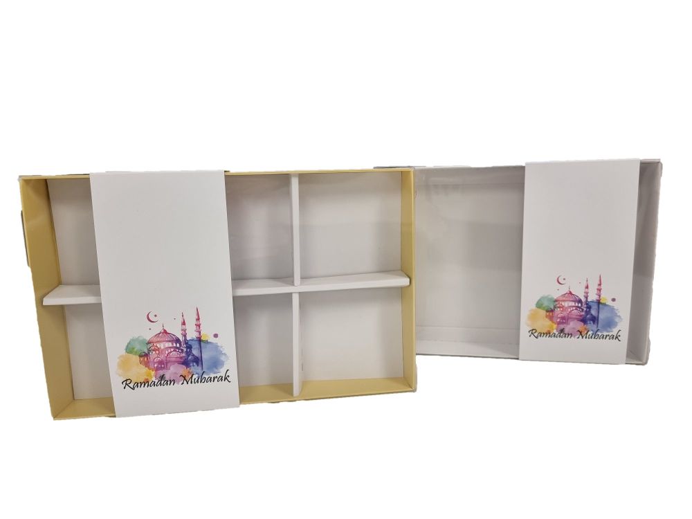 Ramadan Mubarak Box with Clear Lid and Printed Belly Band (Colour to be chosen) -240mm x 155mm x 30mm  Pack of 10