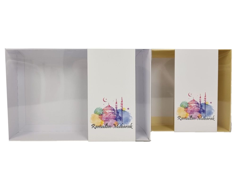 Ramadan Mubarak Box with Clear Lid and Printed Belly Band (Colour to be chosen)- 240mm x 155mm x 50mm - Pack of 10