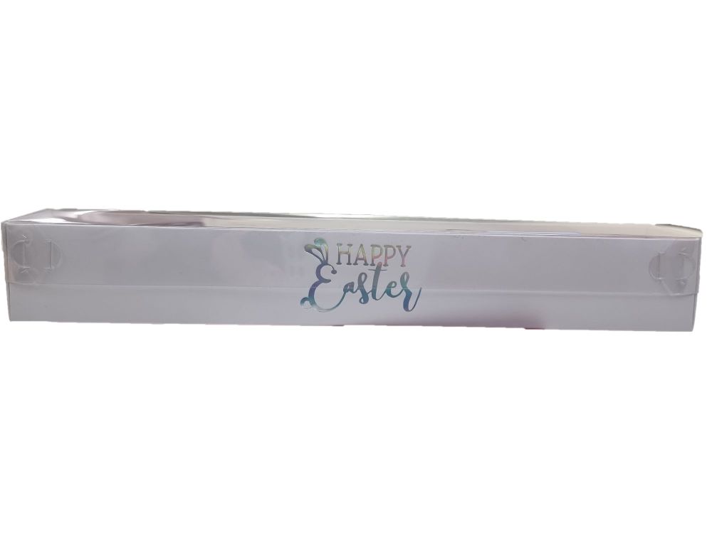 Easter White Long 12pk Macaron Box Holographic Foiled  Happy Easter And Clear Lid - 360mm x 52mm x 52mm - Pack of 10