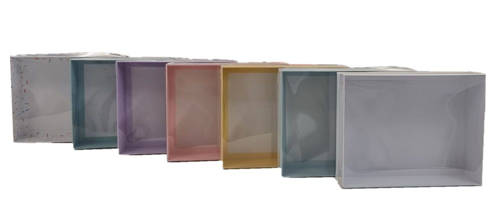Pastel Base Hamper Box With Clear Lid (Colour to be chosen) - 250mm x 195mm x 70mm - Pack of 10