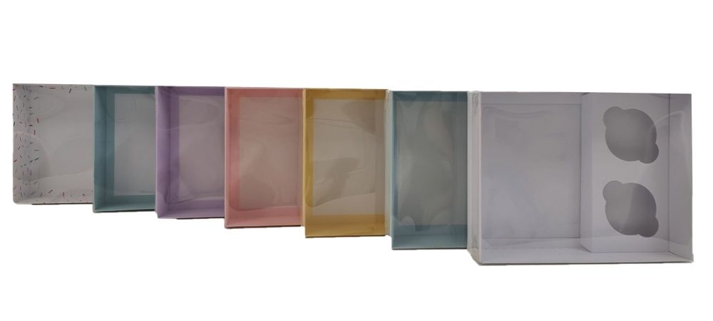 Pastel Base Hamper Box With Clear Lid  & 2pk Cupcake Insert (Colour to be chosen)- 250mm x 195mm x 70mm - Pack of 10