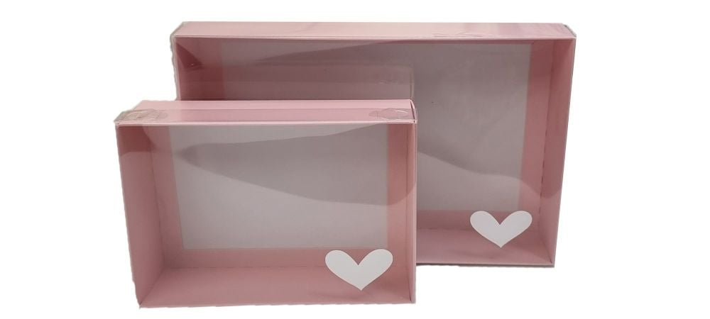 Pink 50mm Deep Gift Boxes With White Foiled heart Logo On Clear Lid (Size t