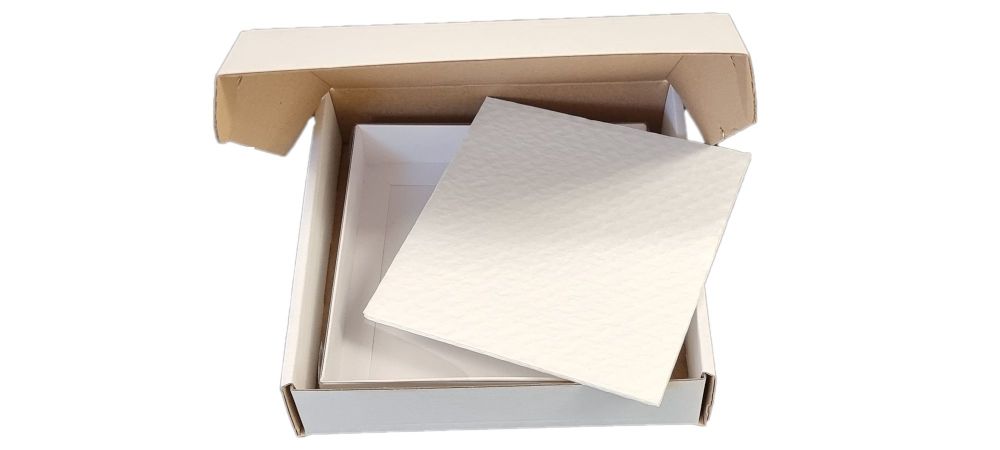 Bundle -Square White Postal and Clear Lid Bundle Packaging  - Postal Box, Box & Padding - 180mm x 180mm x 45mm - Pack of 10