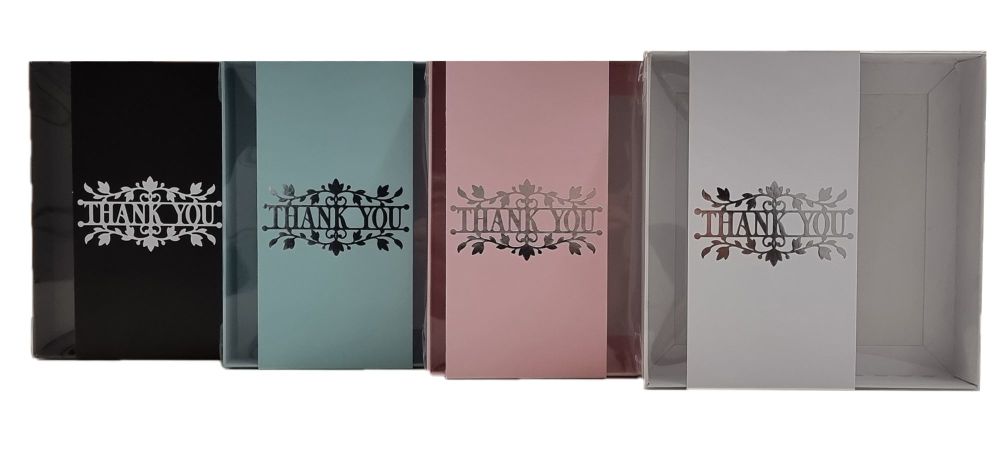 Thank You Large Square Cookie Box With Clear Lid and Foiled Belly Band (Colour to be chosen)-- 155mm x 155mm x 30mm -  Pack of 10