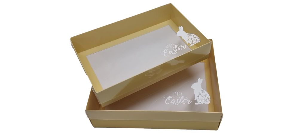 Yellow 50mm Deep Gift Boxes With White Easter Bunny On Clear Lid (Size to b