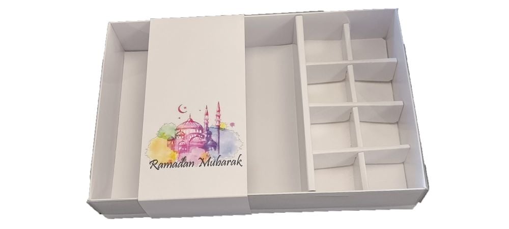 Ramadan Mubarak White 50mm Deep Compartment Box With Inserts For 8 Chocolates , Printed Belly Band  and Clear Lid 