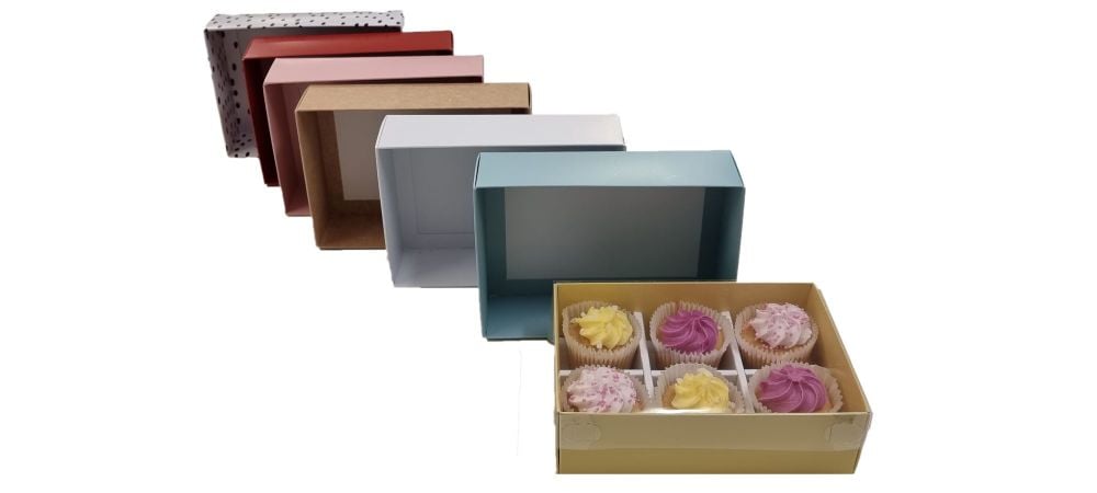 50mm Deep Mini 6pk Cupcake Box With Clear Lid and divider (colour to be chosen) - 165mm x 115mm x 50mm- Pack of 10
