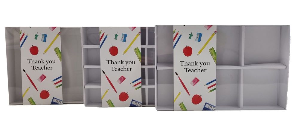 Thank You Teacher Large White Box With Clear Lid and Printed Belly Band (Style to be chosen, variable price)- 240mm x 155mm x 30mm - Pack of 10