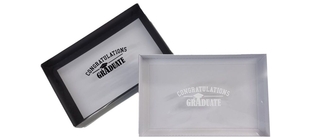 Graduation Large Biscuit/Cookie Box With Congratulations Graduate  Foiled Clear Lid (colour to be chosen) - 240mm x 155mm x 30mm - Pack of 10