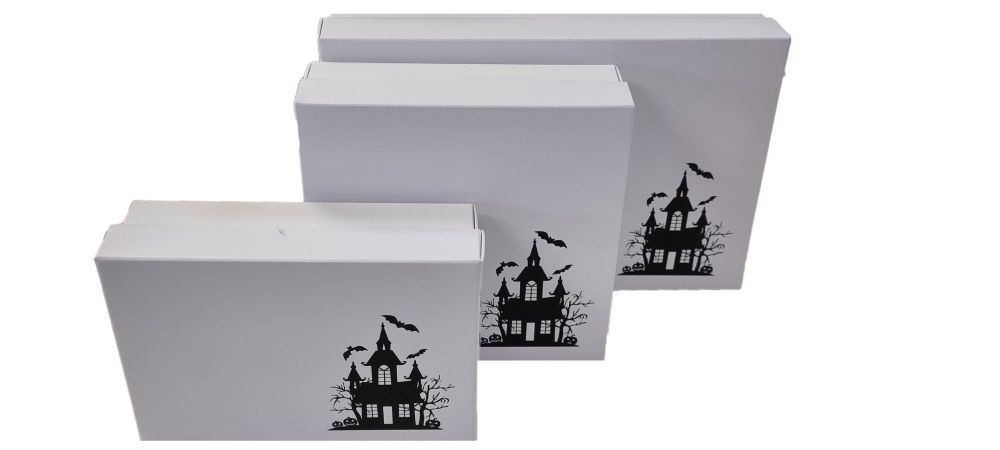 Halloween 50mm Deep White Gift Box and Lid  With Black Foiled Haunted House(Size to be chosen and price will vary) Pack of 10