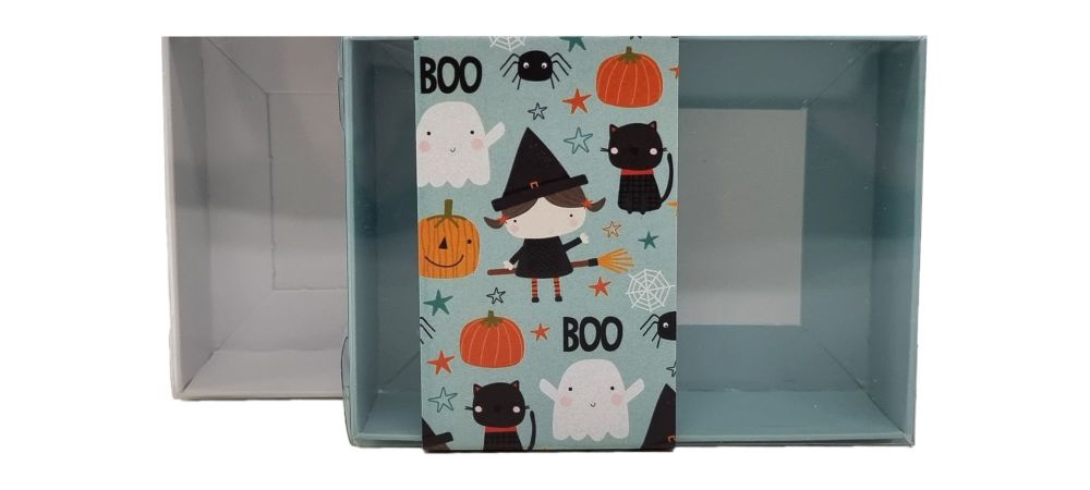 Halloween Small Rectangle Box With Clear Lid and Printed Belly Band (Colour to be chosen) 115 x 80 x 30mm- Pack of 10