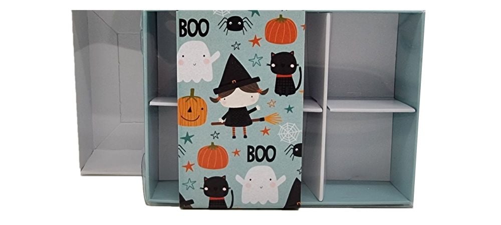 Halloween Small 6Pk Choc Box With Clear Lid and Printed Belly Band (Colour to be chosen)  -115mm x 80mm x 30mm- Pack of 10