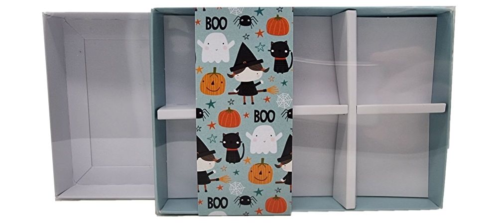 Halloween 6pk Small Sweet Box With Clear Lid, Insert And Printed Belly Band (Colours to be chosen)- 165mm x 115mm x 26mm - Pack of 10