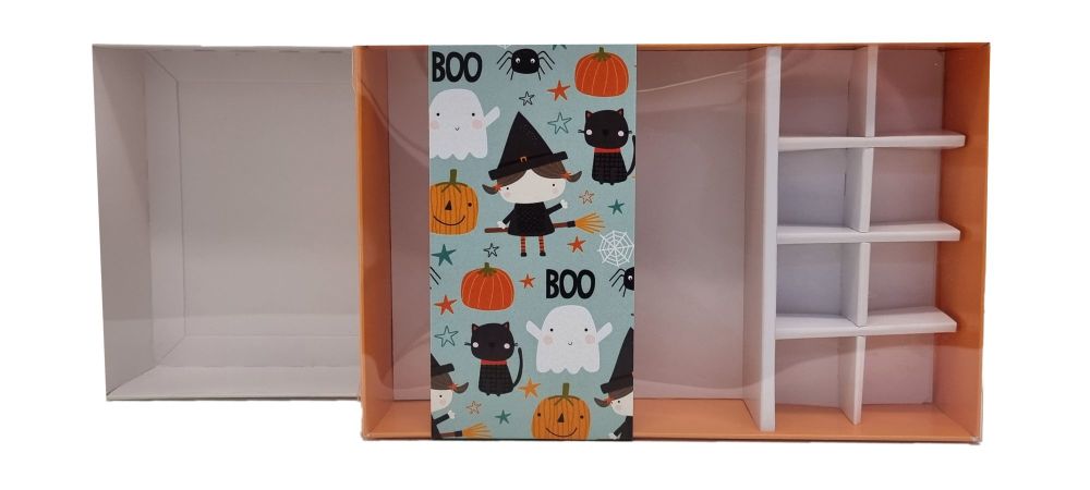 Halloween Deep Compartment box with Printed Belly Band, 8 choc's inserts & Clear Lid: ( Colour base to be chosen) Price will vary. 240 x 155 x 50mm