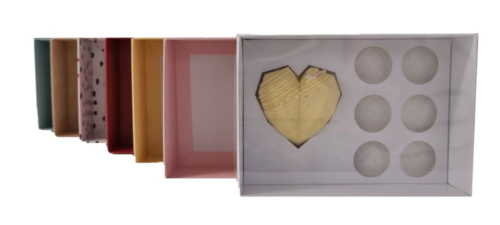 Geo Mini Heart & 6 Truffle White Insert With 50mm Deep C6 Box, Clear Lid & Padding (colour to be chosen) - 165mm x 115mm x 50mm- Pack of 10